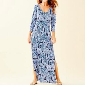 Lilly Pulitzer Anissa Maxi Dress Deep Indigo Snap To It Blue Turtles V Neck Lg